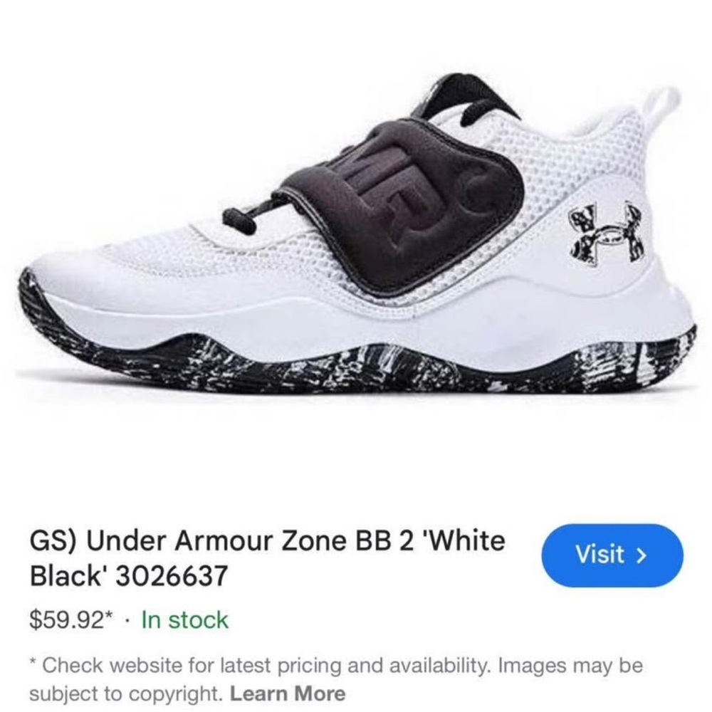 Under Armour Kids Zone BB 2 White Black Shoes